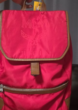 MCM Backpack Red Nylon Leather Trim Munich Bag