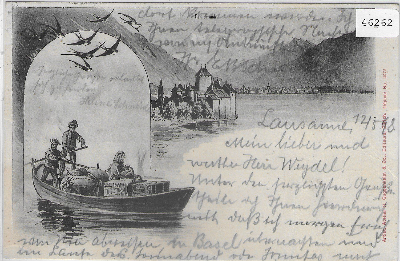 Cartoline postali: Chateau de Chillon - Transportboot - Litho 1898 – Usato da Ettingen venduto da Kartenplanet