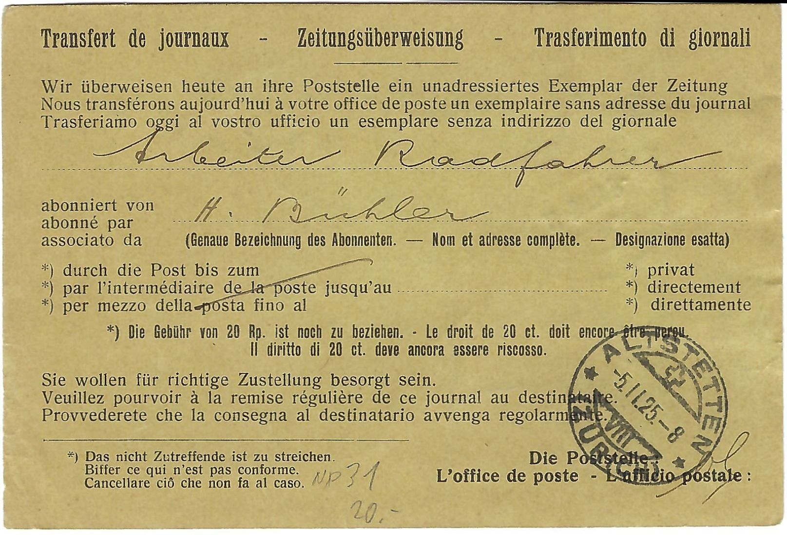 Tutti i francobolli: Postformular "Zeitungsüberweisung" mit Viererblock NP 31 – Usato da Fislisbach venduto da Zigzag12 1