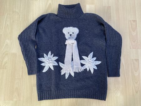 Pullover Schurwolle grau Motiv Bär Edelweiss Grösse 36