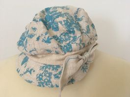 Damen Leinen Mütze beige bedruckt türkis Masche Dekor 56 cm