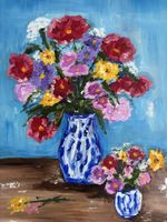 Gemälde: Blumenstillleben mit blauer Vase