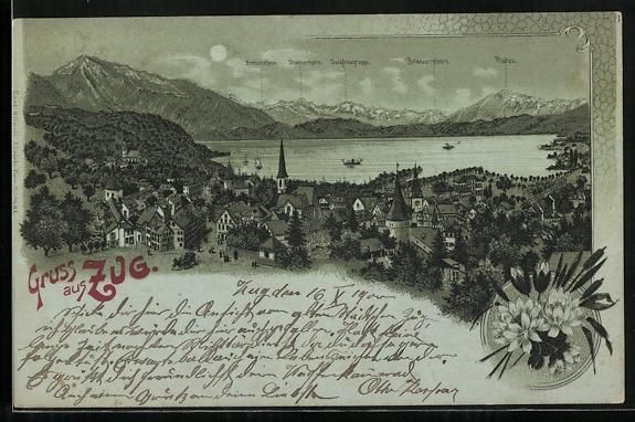 Cartoline postali: Litho Zug, Totalansicht mit Gebirgspanor – Usato da Berlin venduto da bartko-reher