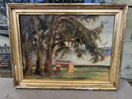 Peinture ancienne, motif nature et banc - authentique!