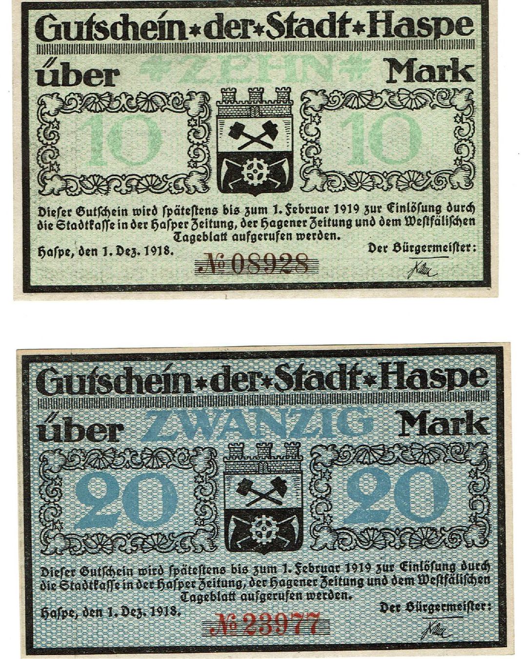 Banknoten: Haspe Set 10+20 Mark 01.12.1918 VZ++-UNZ – Gebraucht aus Steffisburg von ber_8htf