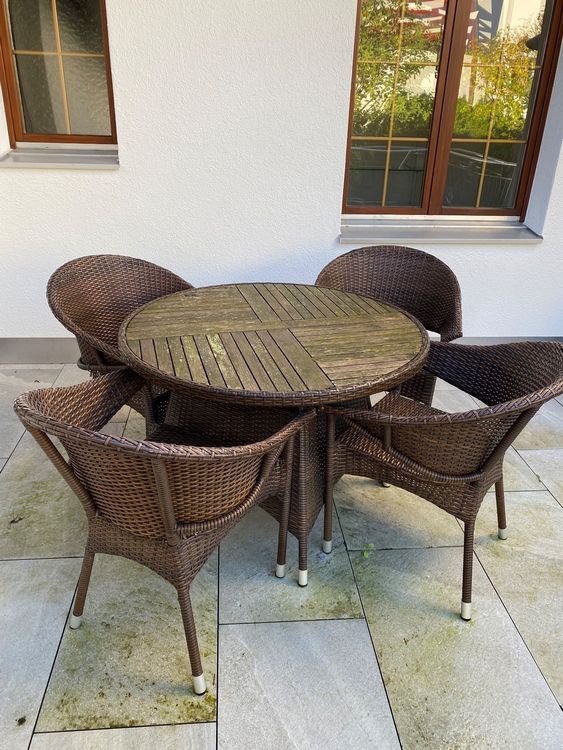 Gartentisch rund Holz/Rattan 4 Stühle | Kaufen auf Ricardo