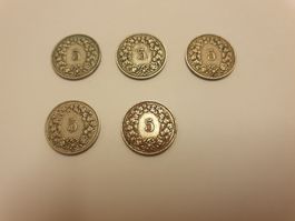 5× 5 Rappen Schweiz 1920–1931 – alte Münzen 
