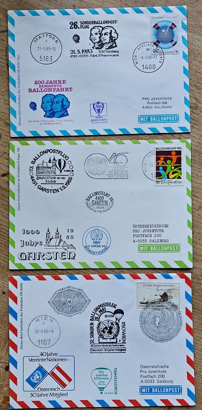 Tutti i francobolli: UNO Wien - 3 Pro Juventute Briefe mit Ballonpost – Nuovo (secondo la descrizione) da Les Valettes venduto da Nuba1