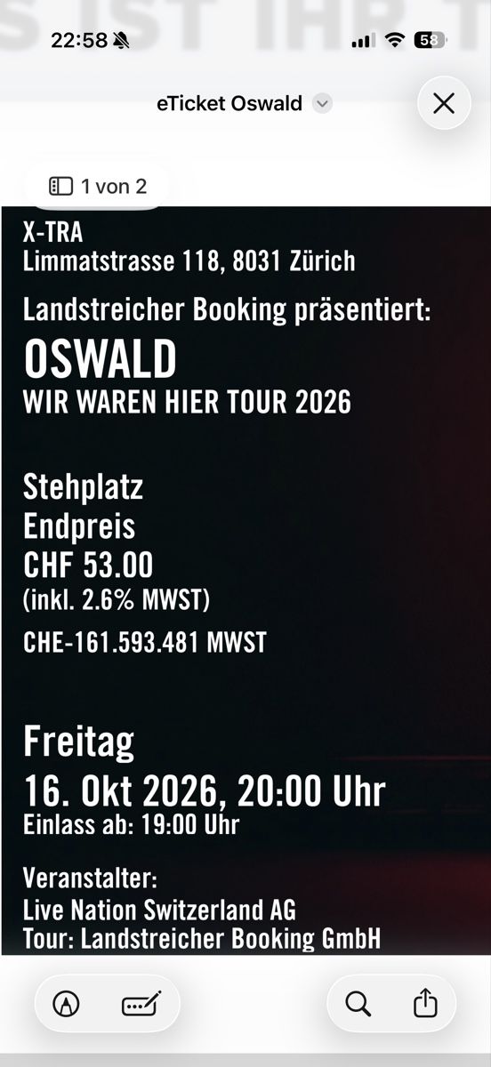 Billets: 2x Oswald Tickets 16.10. – Neuf avec emballage d'origine à Zürich par mar_2nr7