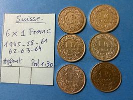 SUISSE : 6 X 1 FRANC  1945-58-61-62-63-64- Argent