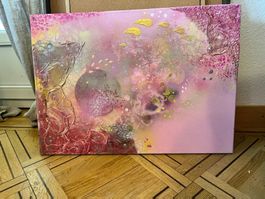 Tableau abstrait rose, jaune, et argenté - Unique!