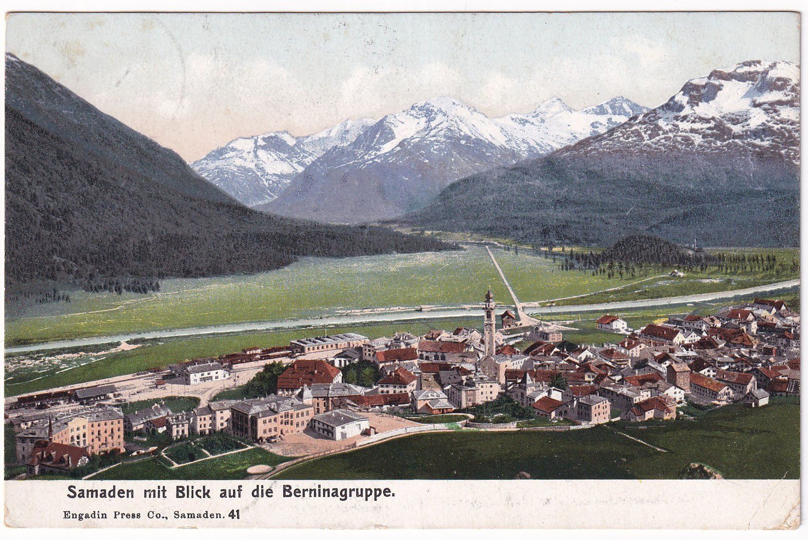 Cartoline postali: Samaden mit Blick auf die Berninagruppe 1907 – Usato da Cormoret venduto da Pascalll2001