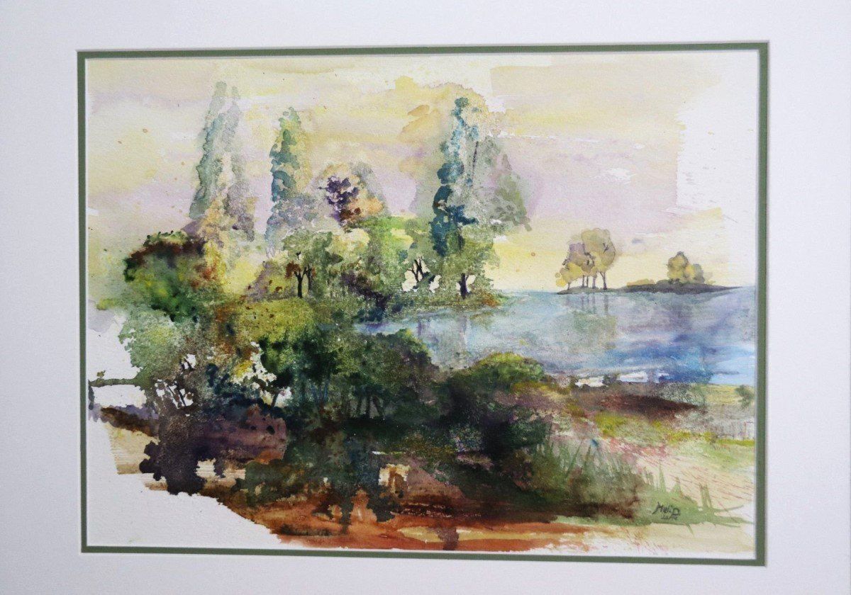 Dipinti: Melitta Progsch, Mischtechnik/Papier, Seeufer im Herbst – Usato da Zug venduto da Kunst-Fundgrube 1