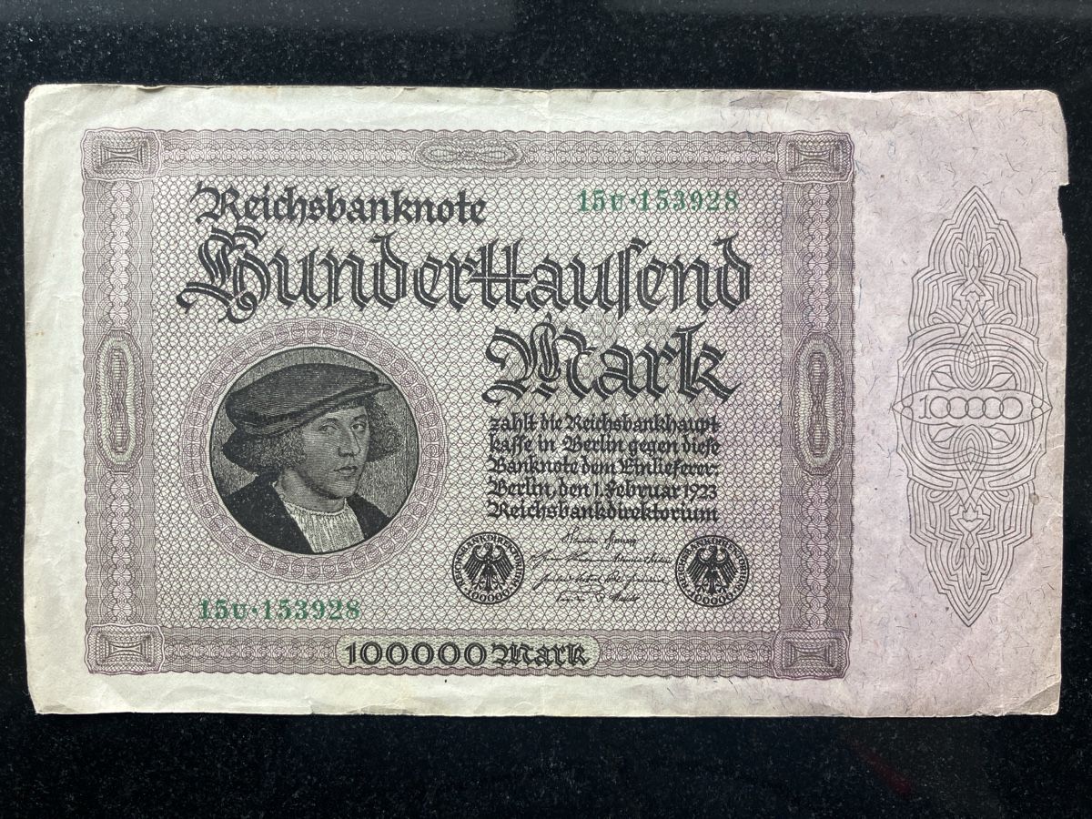 Banconote: German 100,000 Mark Hyperinflation Reichsbanknote – Difettoso da Wettingen venduto da BAG4478