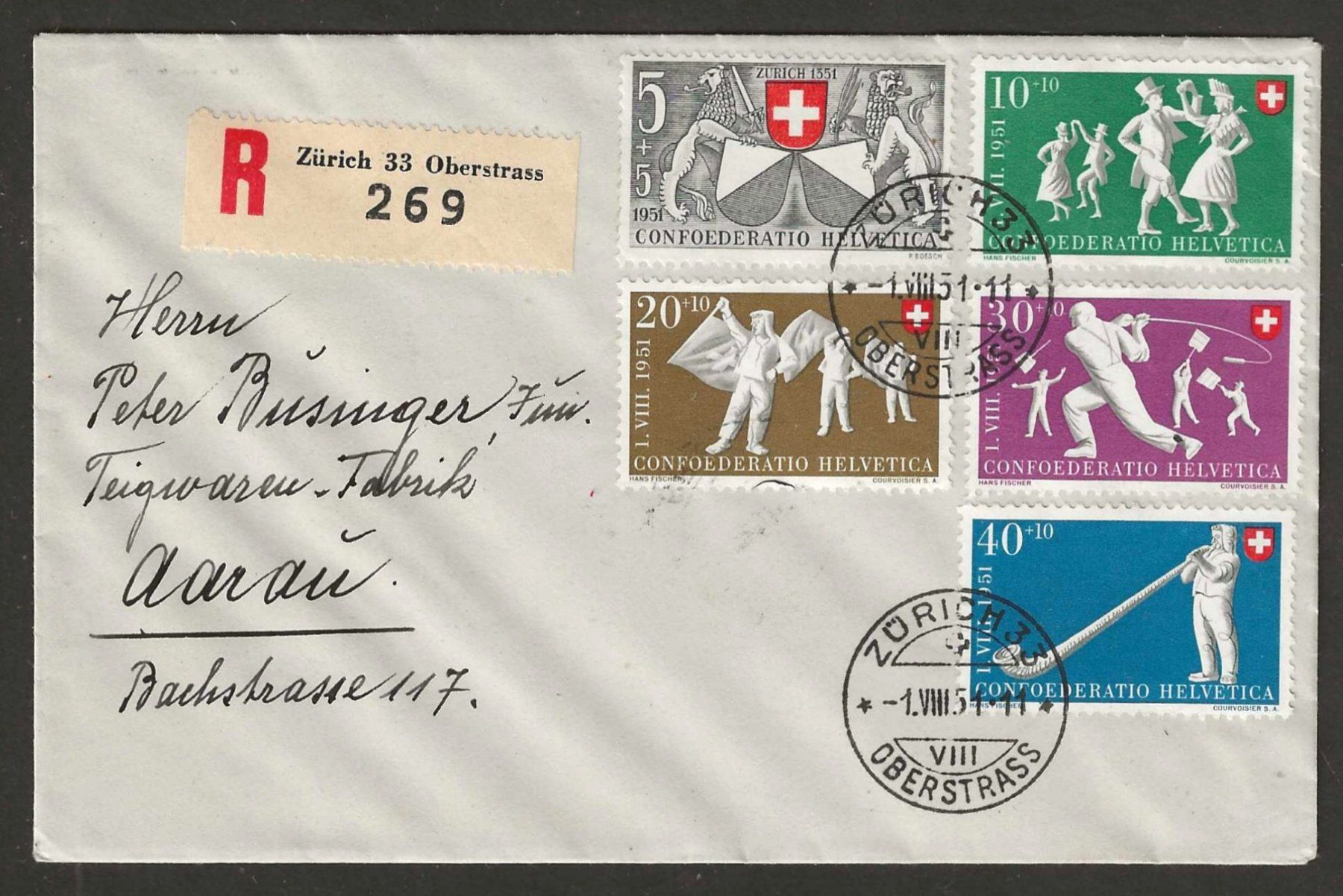 Alle Briefmarken: 1.8.1951 : Pro Patria Serie auf Brief – Gebraucht aus Gümligen von Geniusbuy
