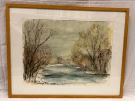 Zauberhaftes Aquarell, Wald und Flusslandschaft im Winter