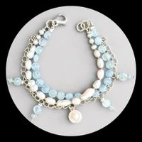 Aquamarin  Perlen  Armband Bracelet Unikat Silber 3 Reihen
