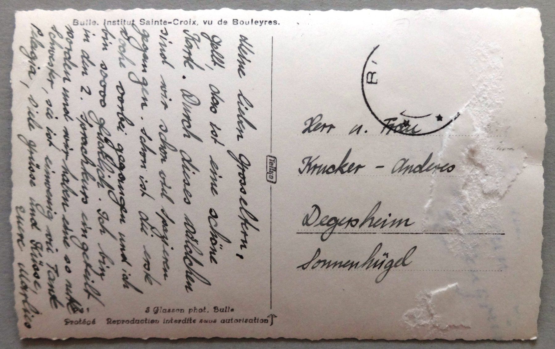 Cartoline postali: Bulle, Institut Saint-Croix, vu de Bouleyres – Difettoso da Fétigny venduto da Billy2miny 1