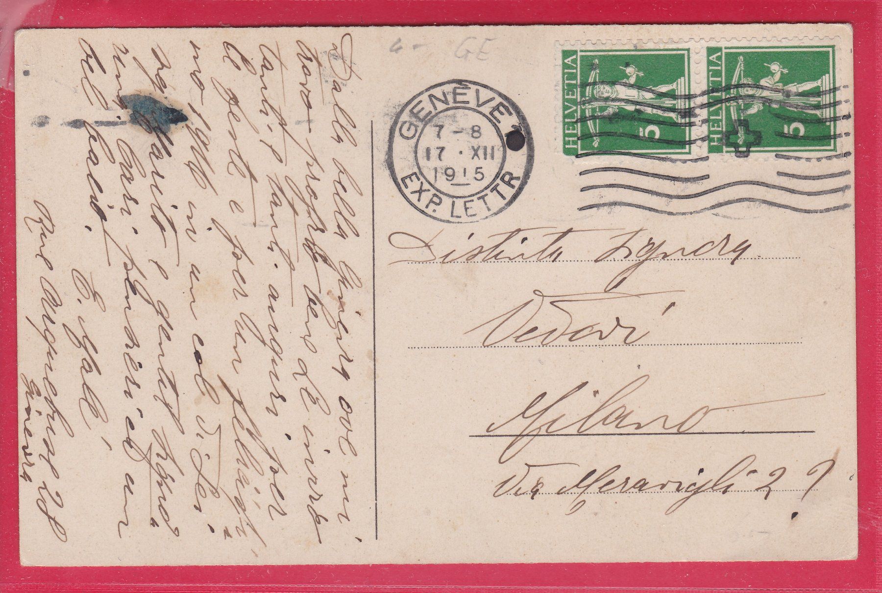 Cartoline postali: GENÈVE - LE KURSAAL, 17.12.1915 – Usato da Oberrieden venduto da Gebirgsstelze 1