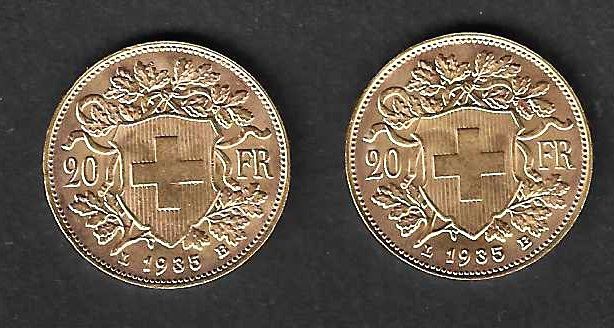 Tutti le monete: 20 Franken Goldvreneli, 2 x 1935 LB – Usato da Bülach venduto da gmstart