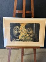 Lithographie signée, portrait de couple, cadre inclus