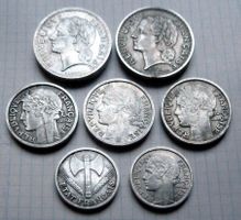 Frankreich, 5, 2, 1, franc 1943-1958, Alumünzen, 7er Lot