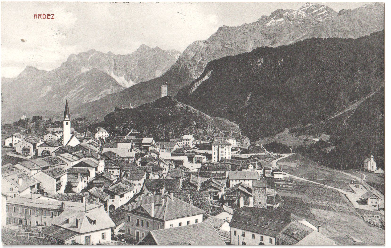 Cartoline postali: ARDEZ: Blick über die Dächer, Bahnhof 1914 – Usato da Engelburg venduto da Swisscards 1