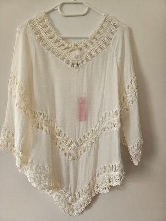 Boho-Tunika/Bluse in Crèmeweiss mit Makramee-Details, 36/38