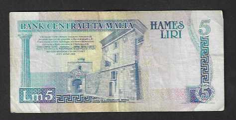 Banknoten: Malta  5  Liri  Gebraucht – Gebraucht aus Gordola von coinsandnotes 1