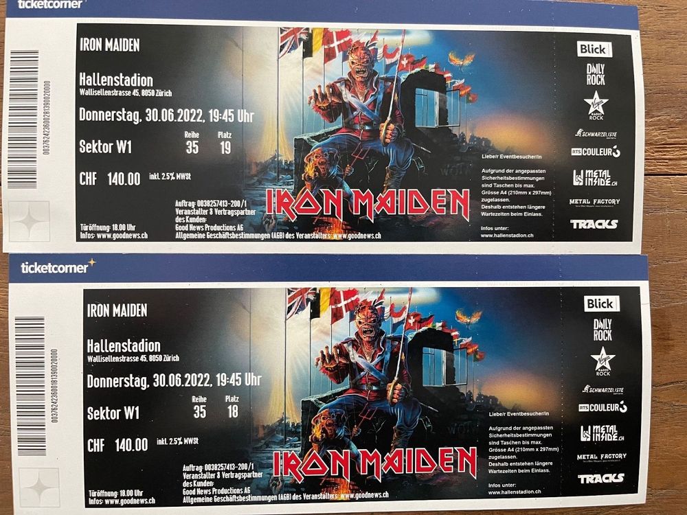 2 Stück Iron Maiden Tickets 30.6.2022 (Sitzplätze) Kaufen auf Ricardo