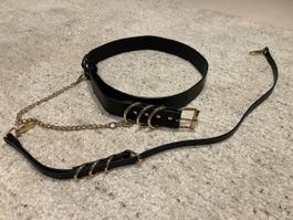 PUNK Gothic Gürtel Gold Schwarz mit Kette und Schulterriemen