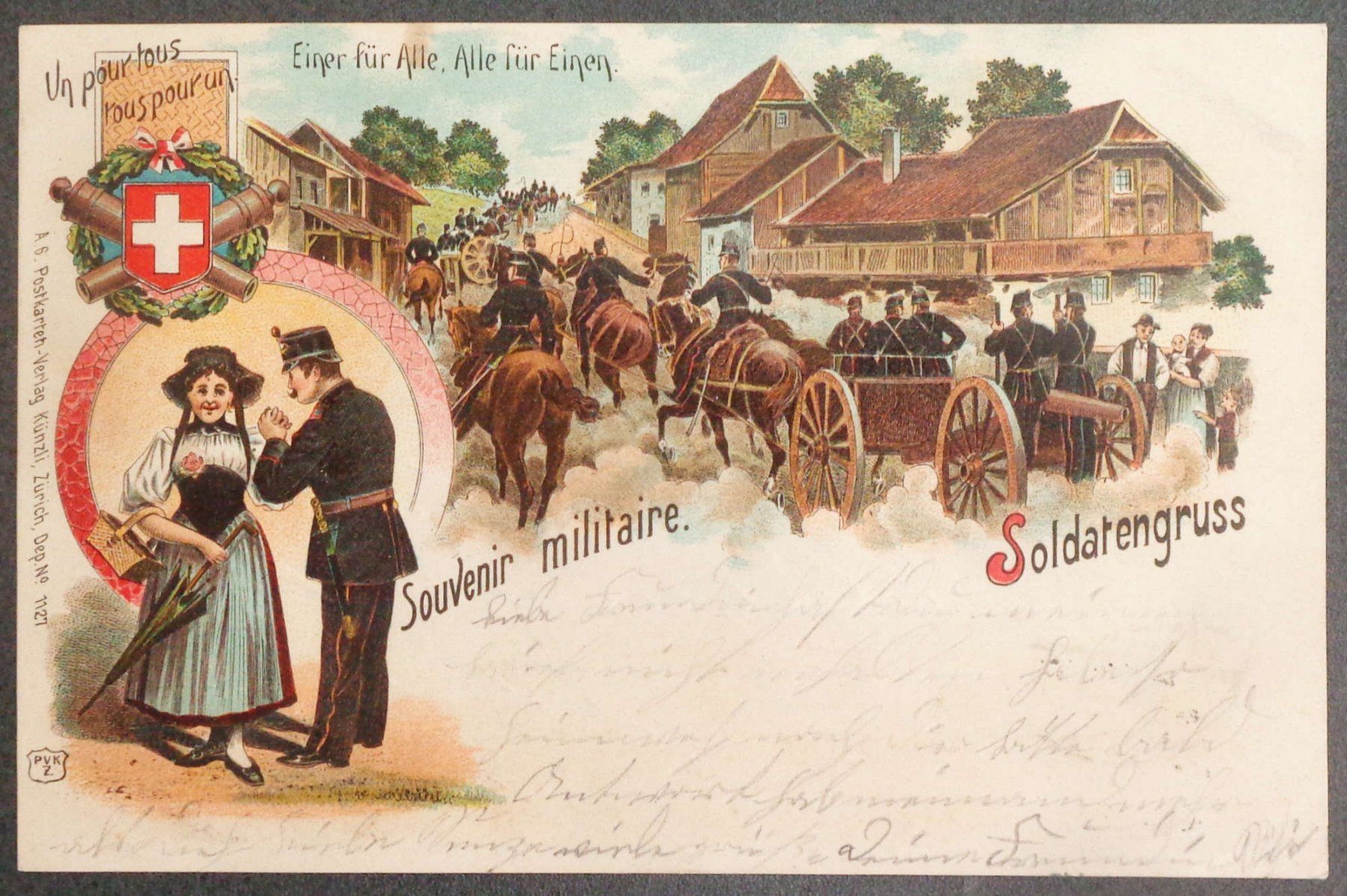 Cartoline postali: SOUVENIR MILITAIRE 1902: Carte lithographiée – Usato da Le Locle venduto da timbrettino
