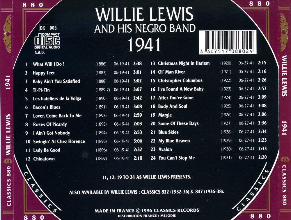CD: Jazz-CD:  Willie Lewis  1941 (Classics) – Usato da Hochfelden venduto da mue_lhm9 3