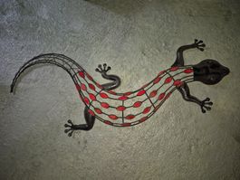 Deko Gecko Wanddeko aus Metall Rot Weiss