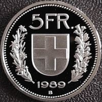 5 Franken Schweiz 1989 pp / aus Münzsatz/in einer Münzkapsel