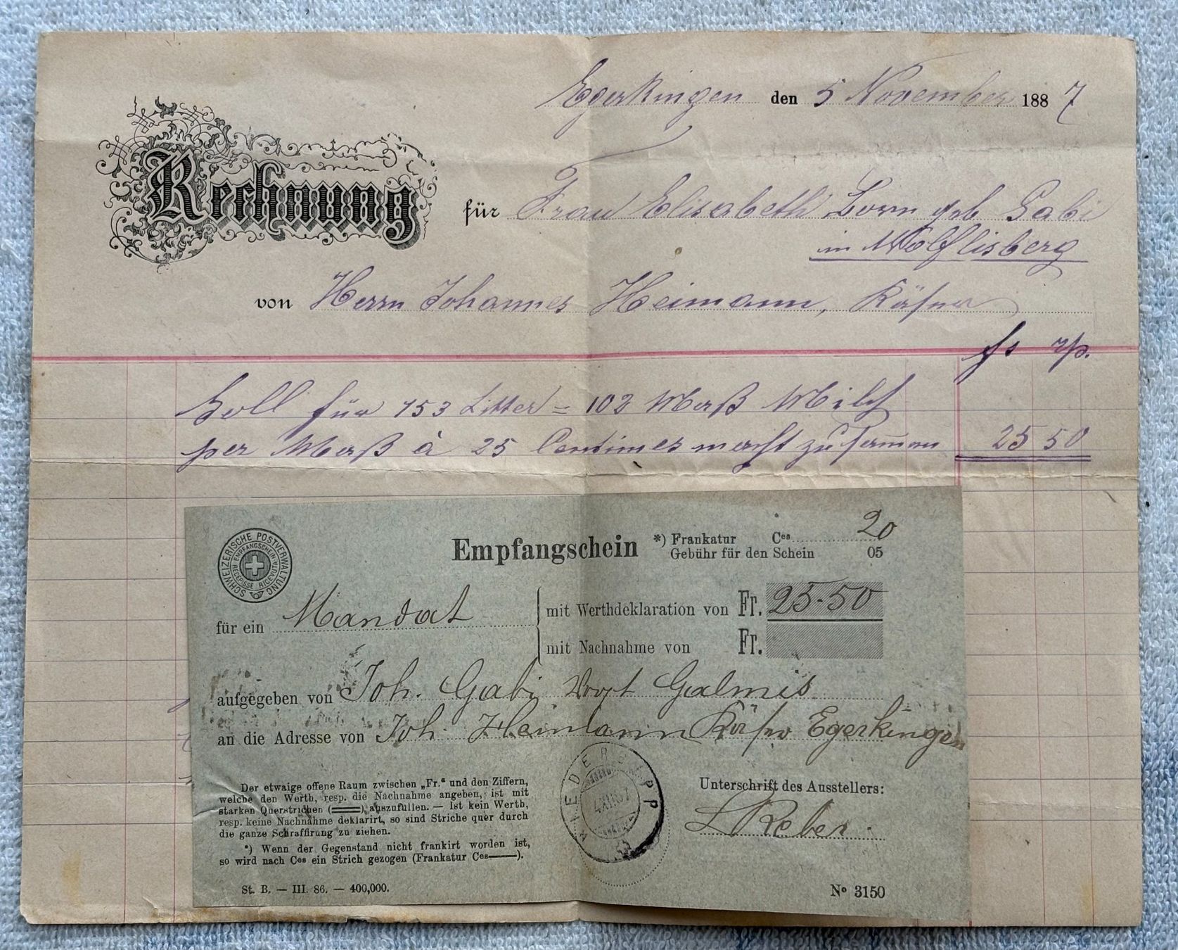 Documenti: VINTAGE DOKUMENT RECHNUNG & EMPFANGSCHEIN 1887 – Usato da Ostermundigen venduto da crazy-horse-1840