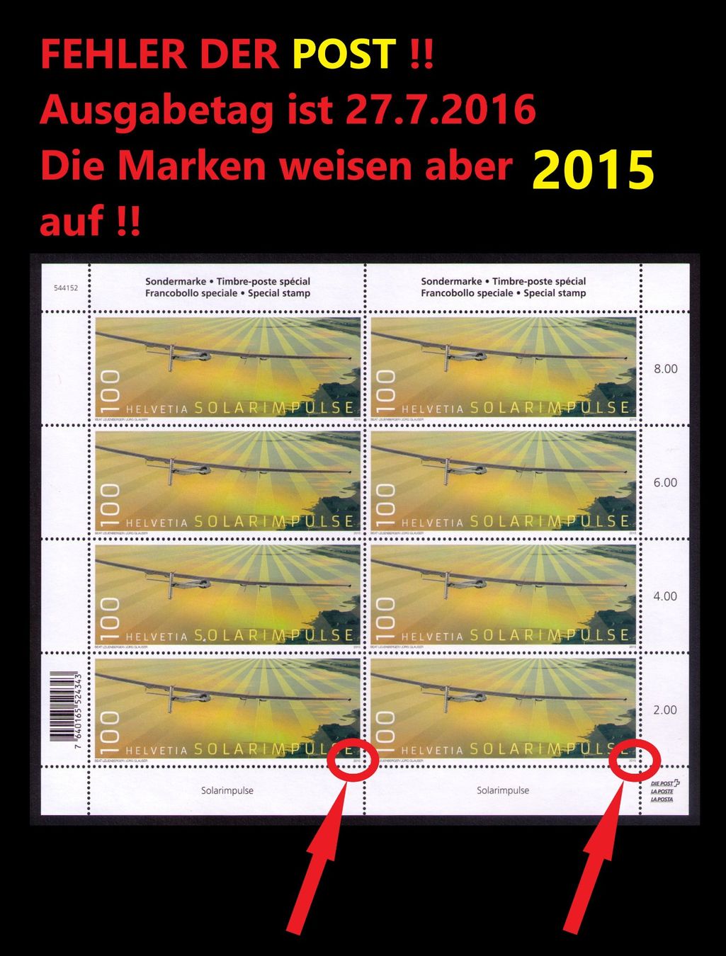 Tutti i francobolli: 2016_1600_SOLAR IMPULSE im Kleinbogen__FEHLER 2015 !! ** – Nuovo (secondo la descrizione) da Marthalen venduto da Ch_quality