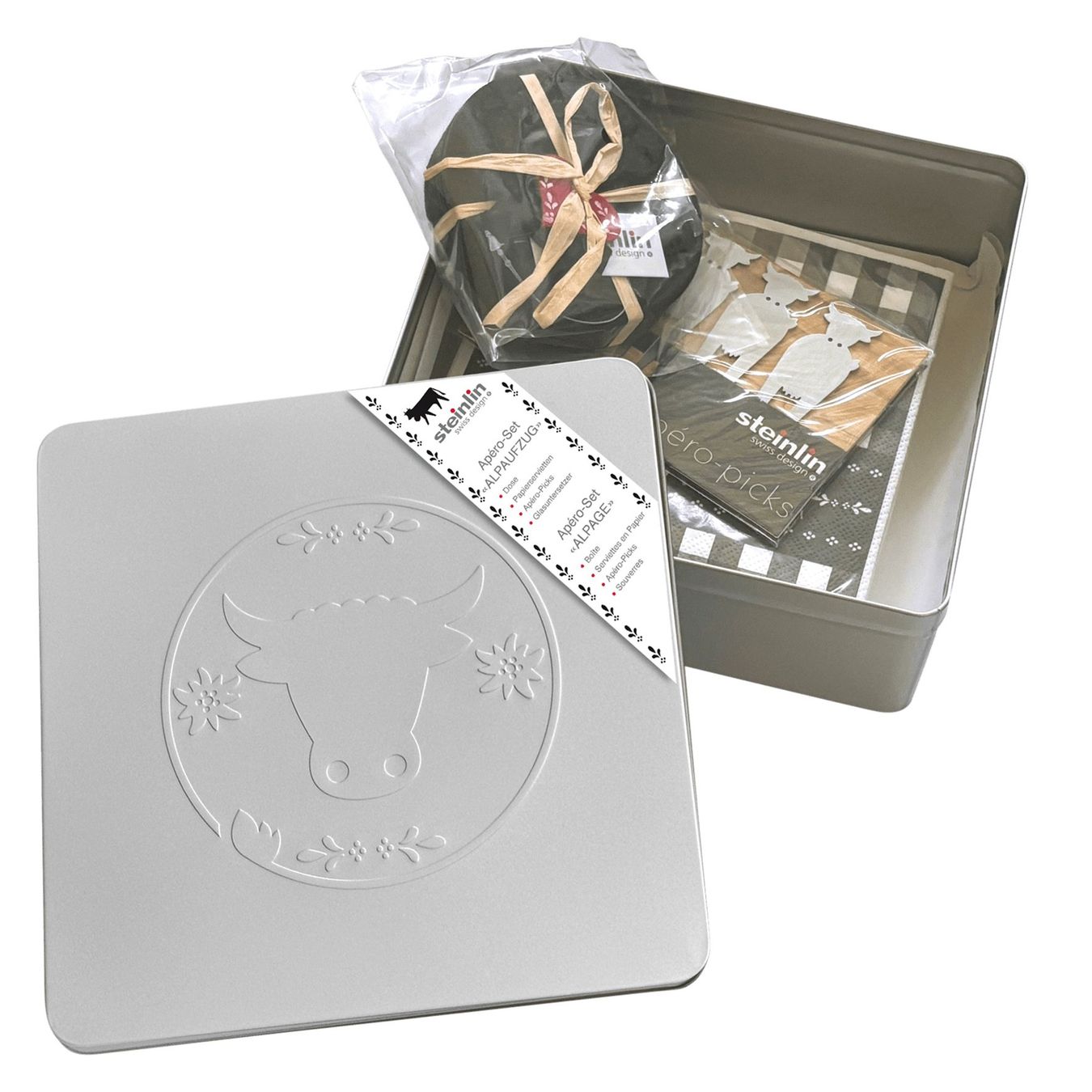 Sonstige Dekorationen & Accessoires: STEINLIN Weissblechdose Apèro-Box "Kuh" gefüllt – Neu und originalverpackt aus Kägiswil von pebart