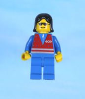LEGO Minifigur Red Vest and Zipper - Blue Legs, Black Female