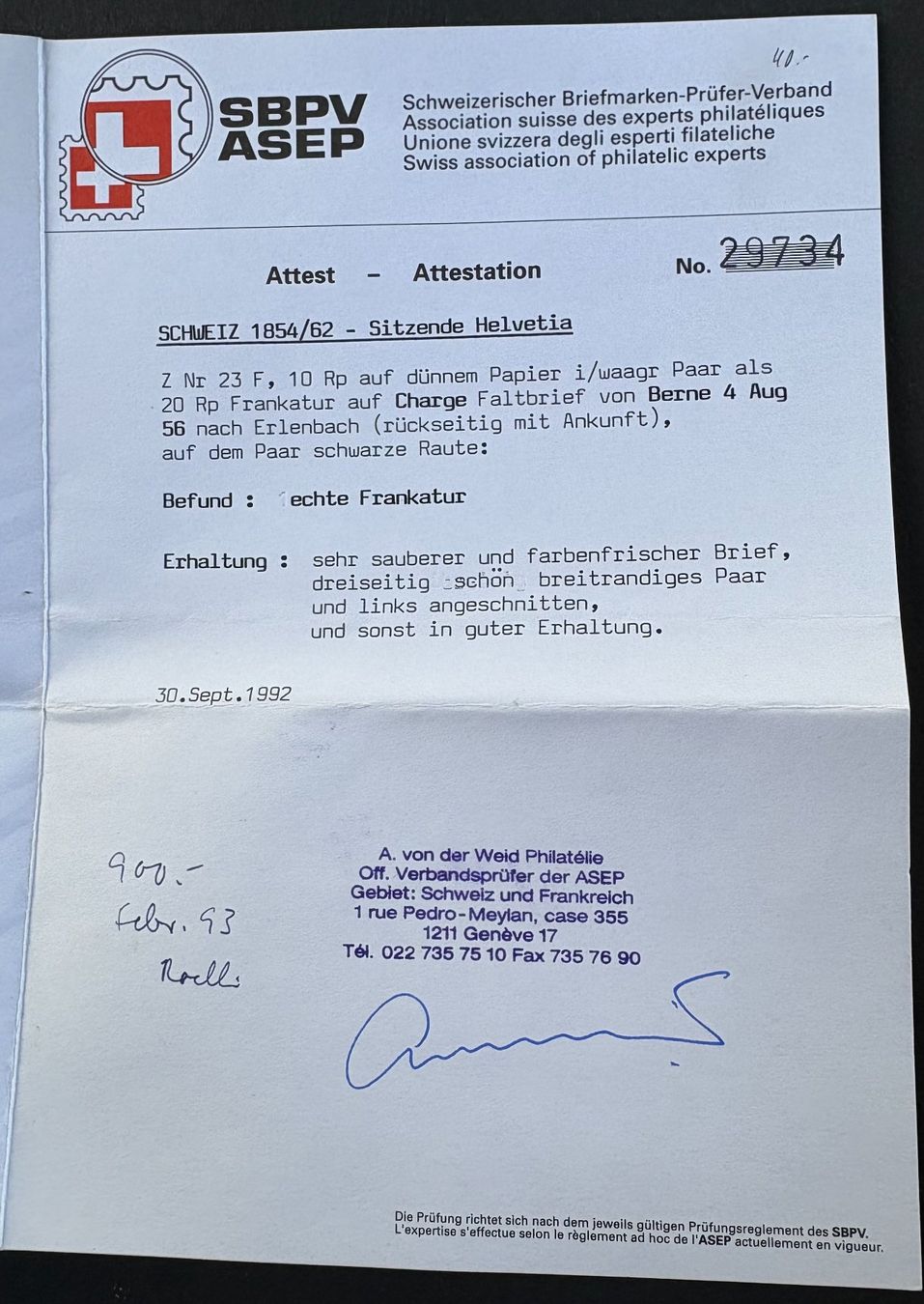 Tutti i francobolli: BRIEF SCHWEIZ 1854/62 MIT ATTEST – Usato da Ostermundigen venduto da Heavenmaus75 2