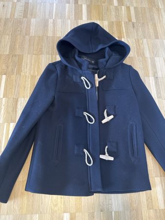 Zara Wollmantel mit Kapuze, XS, dunkelblau, neu