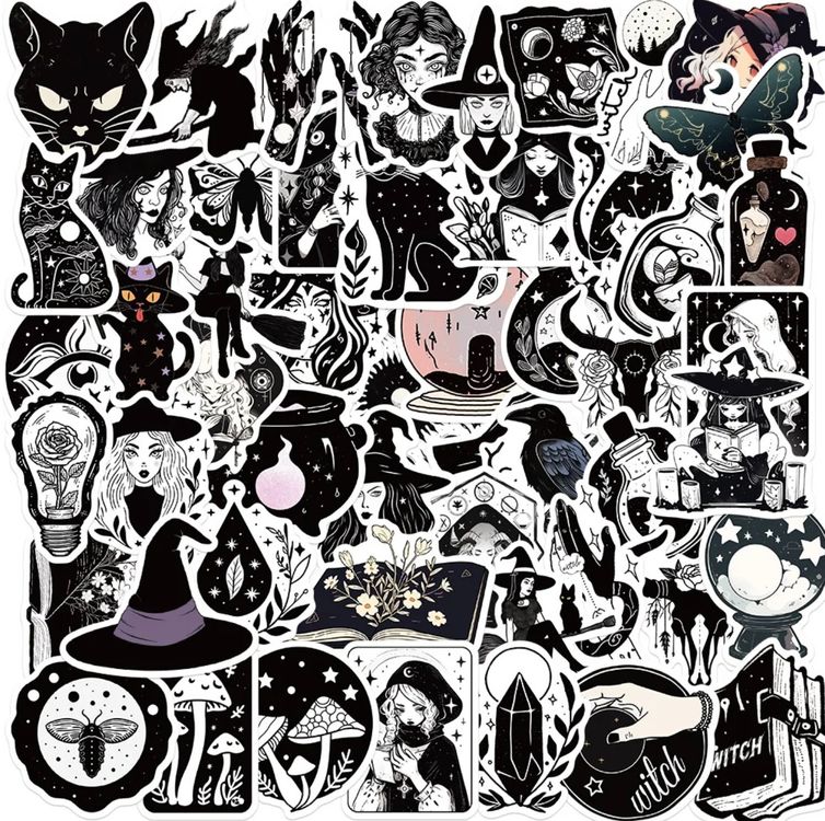 50 Stück Hexen Aufkleber Vinyl - Mittelalter, Gothic & Mystery Motive Für Halloween & Laptop