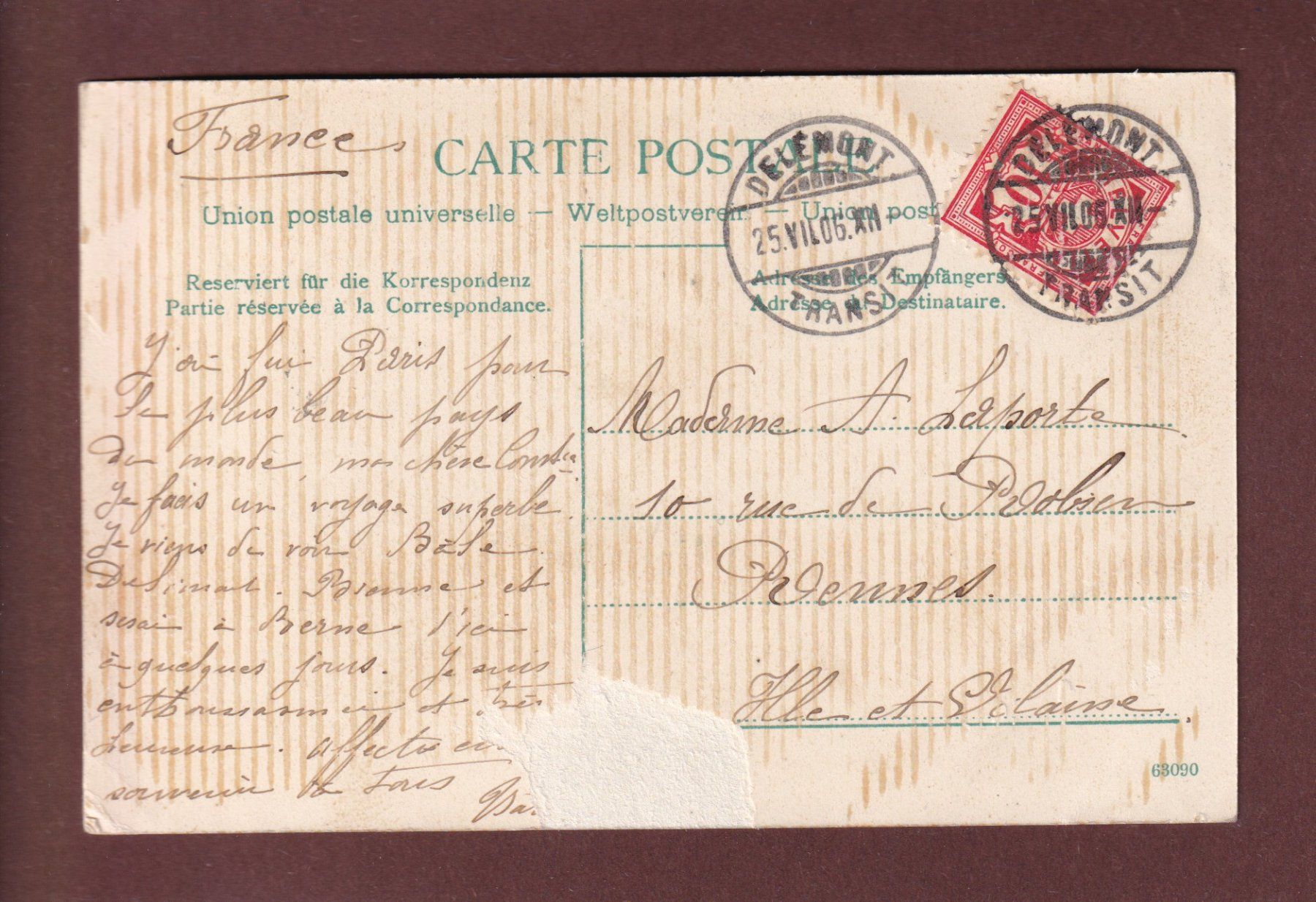 Cartes postales: Gorge de MOUTIER - Clair de lune - 1906 // dos blessé // – D'occasion à Pully par nicecards-shop 1