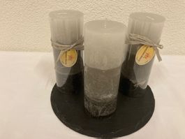 Kerzen - Set grau abgestuft, Raureif, 3 Stück a je 6,8x18 cm