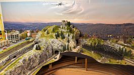 Grosse Anlage mit Rollmaterial komplett, Landschaft, digital
