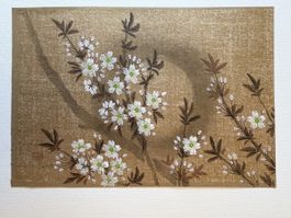 Estampe japonaise fleurs cerisier papier doré .