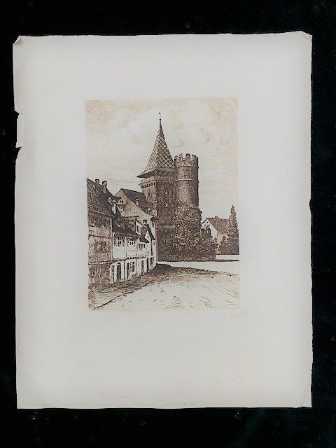 Grafica & Litografie: Originalradierung Altstadt mit Turm – Usato da Thalwil venduto da Peter0911