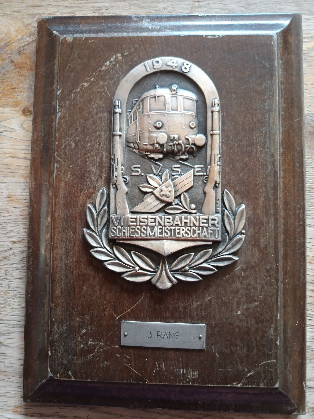 Medaillen: Plaque  Eisenbahner Schiessmeisterschaft 1948 train Bahn – Gebraucht aus Bex von Canouille 1