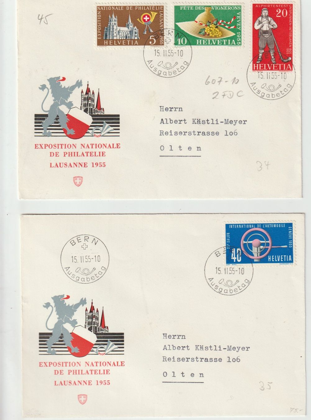 Tutti i francobolli: 2 FDC 1955 BERN – Usato da Biel/Bienne venduto da Destockweb