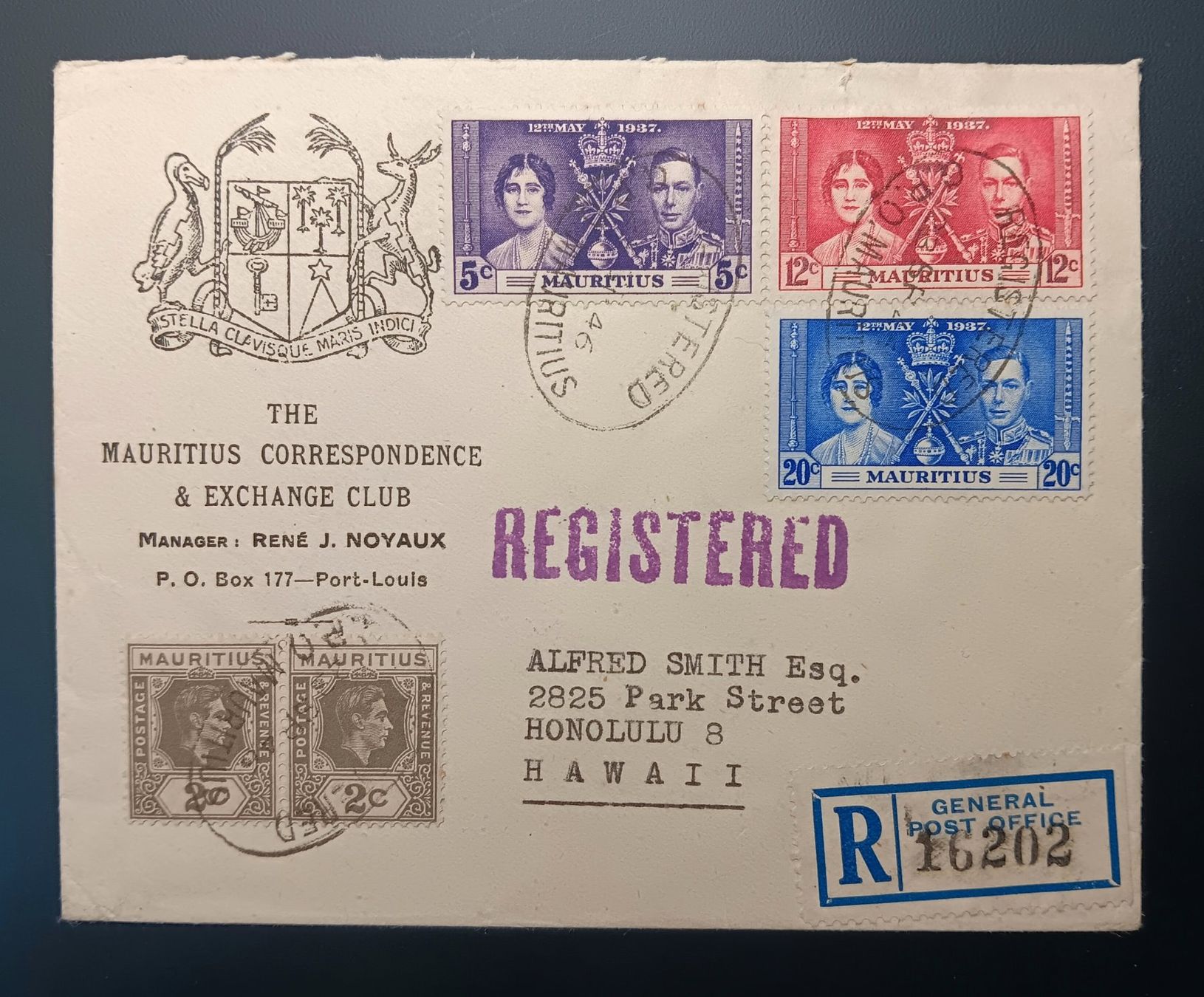 Tutti i francobolli: MAURITIUS, EISCHREIBEBRIEF NACH HAWAII 1946 – Usato da Holderbank AG venduto da DINOS-PHILA